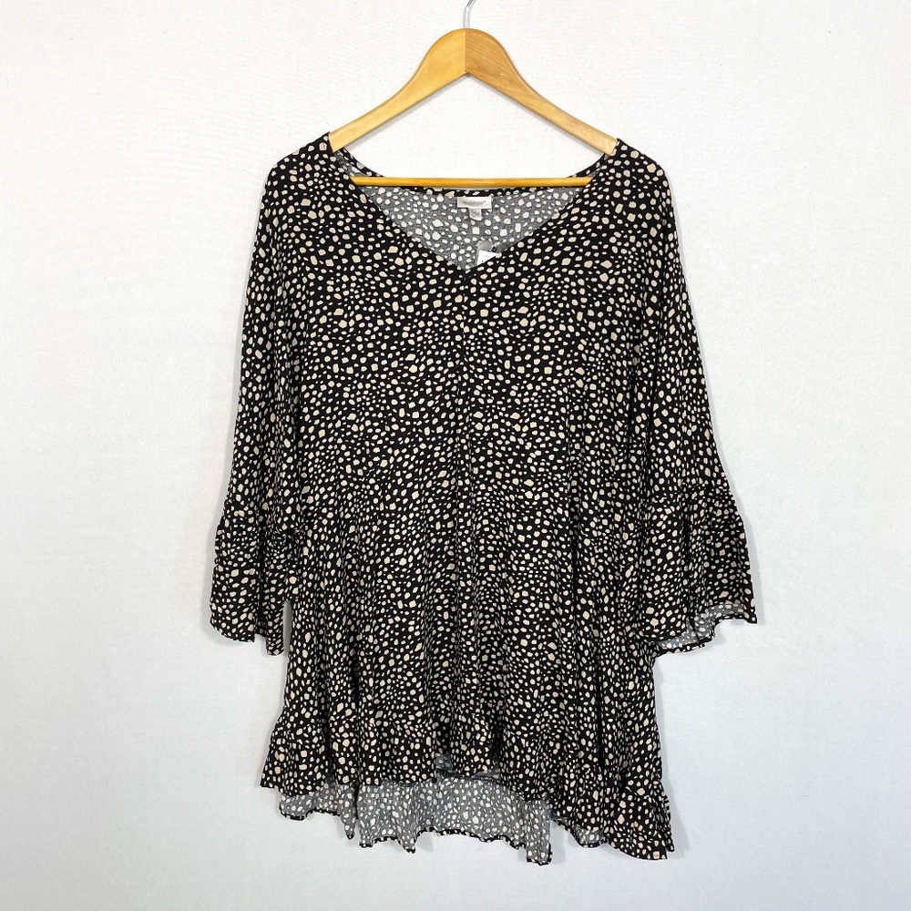 AVENUE Women's Size 30/32 Tunic Harper Black Spot Print Bell Sleeve Top NEW